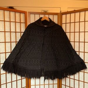 Contemporary Retro Black Monochrome Fringe Poncho